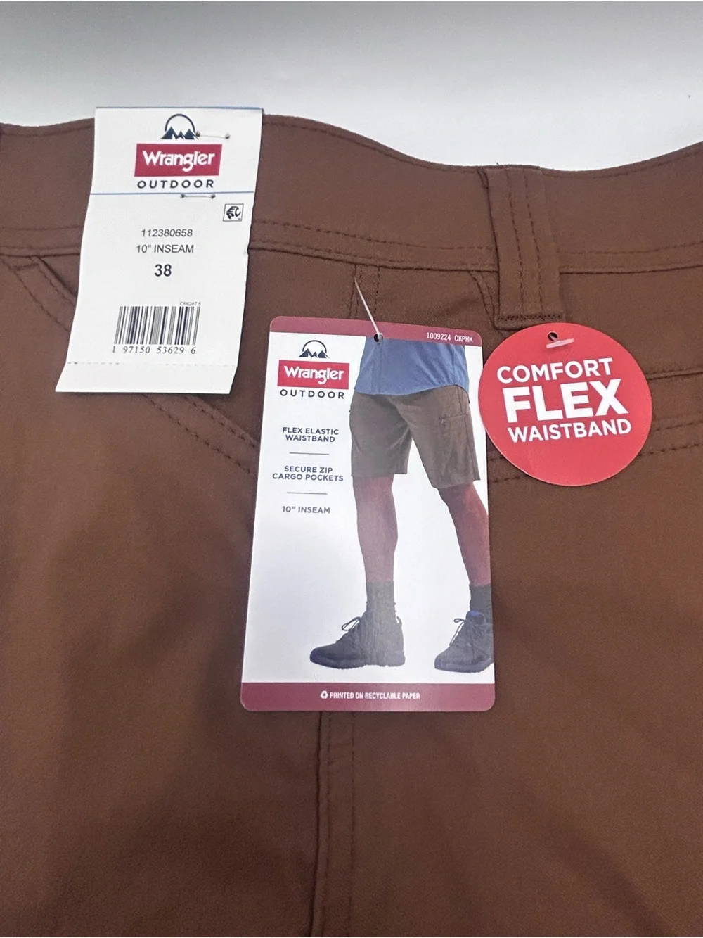 Wrangler Outdoor Brown Flex Waist Cargo Shorts with Zip Pocket